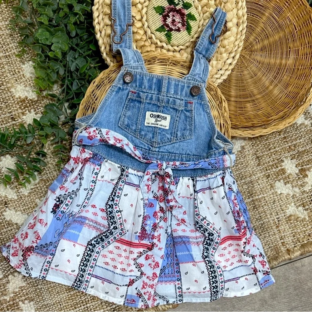 OshKosh B'gosh Red White Blue Denim Bandana Patchwork Overalls Dress Baby Girl